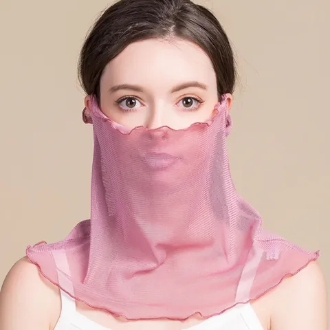 Women 100% Mulberry Silk Sun Protection Face Mask Breathable Solid Color Neck Gaiter With Ruffle Trim Outdoor Accessory
