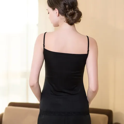 Camisola de Seda de Mora 100% para Mujer Elegante Ribete de Encaje Floral Tirantes Finos Ajustables Camiseta sin Mangas Escote V