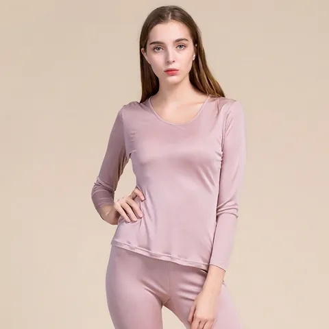 100% Maulbeerseide Thermounterwäsche Für Damen Langarm Rundhals Einfarbig Gestrickt Winter Base Layer Top Und Hose