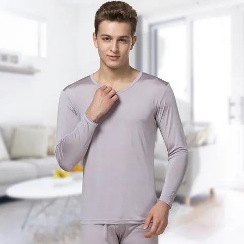 Ensemble de Sous-vêtements Thermiques pour Hommes 100% Soie de Mûrier Col Rond Manches Longues Pantalon Long Tricoté Fin Respirant Chaud Couche de Base Loungewear