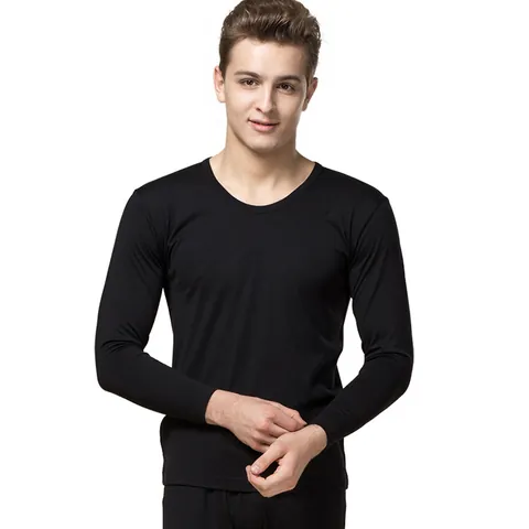 Ensemble de Sous-vêtements Thermiques pour Hommes 100% Soie de Mûrier Col Rond Manches Longues Pantalon Long Tricoté Fin Respirant Chaud Couche de Base Loungewear