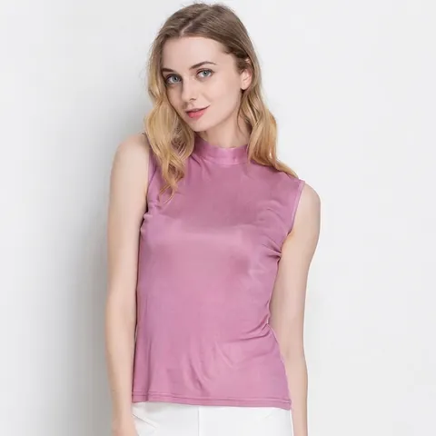 Women 100% Mulberry Silk Mock Neck Tank Top Sleeveless Slim Fit Solid Color Elegant Office Commuter Silk Shirt Top