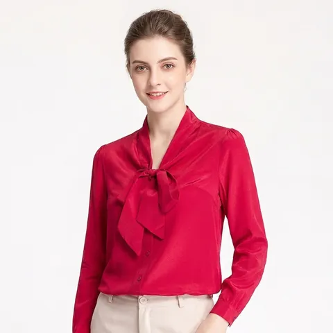 Women's 100% Mulberry Silk Long Sleeve Blouse Elegant V-Neck Pussy-Bow Tie Shirt Casual Office Commute Solid Color Top