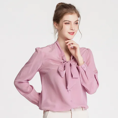 Women's 100% Mulberry Silk Long Sleeve Blouse Elegant V-Neck Pussy-Bow Tie Shirt Casual Office Commute Solid Color Top