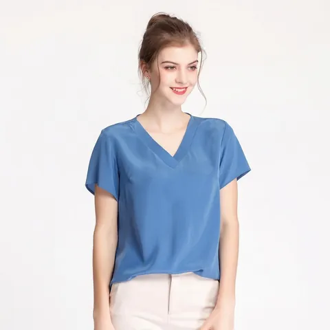 Damen Maulbeerseide V-Ausschnitt Kurzarm T-Shirt Elegant Einfarbig Crepe De Chine Bluse Top Für Sommer Büro Alltag