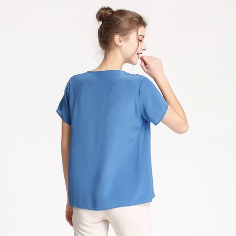 Damen Maulbeerseide V-Ausschnitt Kurzarm T-Shirt Elegant Einfarbig Crepe De Chine Bluse Top Für Sommer Büro Alltag
