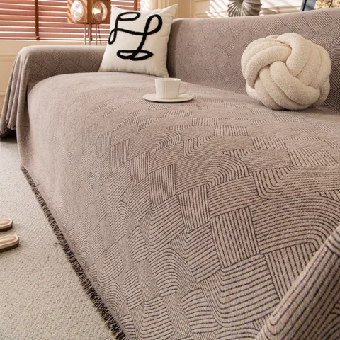 Waterproof Chenille Sofa Cover Geometric Wave Pattern Tassel Fringe Furniture Protector Anti Cat Scratch Sofa Throw Blanket