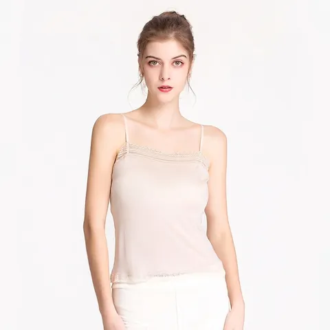 Damen Maulbeerseide Spitzenbesatz Unterhemd Elegant Strick Spaghetti-Träger Top V-Ausschnitt Seidenmischung Base Layer Shirt
