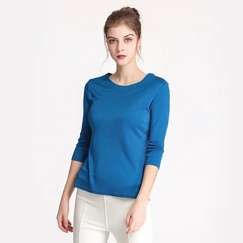 Camiseta de Mujer de Mezcla de Seda de Mora y Viscosa con Manga 3/4 Minimalista Cuello Redondo Color Sólido Corte Entallado Top de Punto