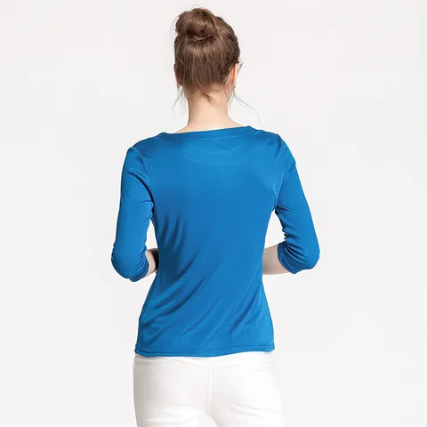 Camiseta de Mujer de Mezcla de Seda de Mora y Viscosa con Manga 3/4 Minimalista Cuello Redondo Color Sólido Corte Entallado Top de Punto