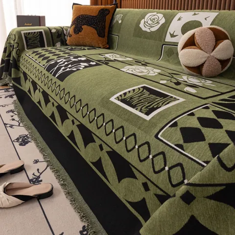 Vintage Chenille Sofa Cover Bohemian Floral Animal Print Blanket With Tassels Anti-scratch Furniture Protector Throw For Living Room