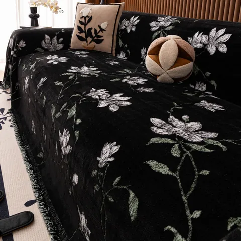 French Vintage Faux Mink Velvet Sofa Cover Magnolia Floral Printed Sofa Towel Tassels Anti-Cat Scratch Non-Slip Protector