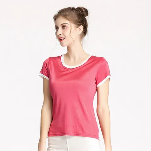 Γυναικείο T-Shirt από Πλεκτό Μετάξι Μουριάς Κοντό Μανίκι Αντίθεση Χρωμάτων Στρογγυλή Λαιμόκοψη Στενή Εφαρμογή Καλοκαιρινό Τοπ