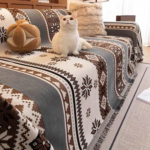 Chenille Sofabezug Rutschfest Katzenkratzfest Wohndecke Mit Quasten Nordisch Geometrisch Schneeflocke Vintage Muster