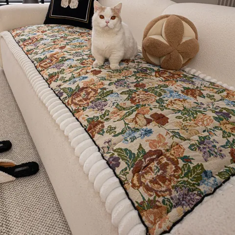 Vintage Floral Quilted Sofa Cushion Non Slip Polyester Cotton Thickened Pastoral Style Furniture Protector Mat All Seasons