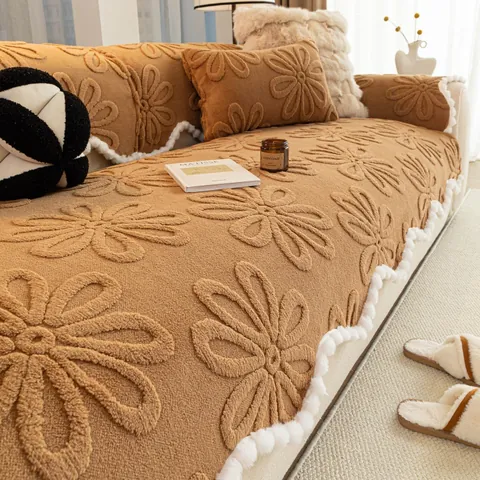 3D Embossed Sunflower Sofa Cushion Soft Cotton Velvet Cover With Pompom Border Non Slip Washable Home Decorative Slipcover