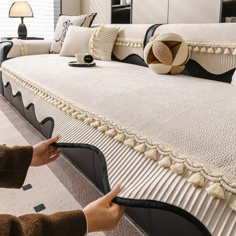 Cojín de Sofá de Chenilla Antideslizante Funda de Sofá Gruesa con Borlas Protector de Muebles de Color Sólido