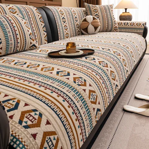Cuscino per Divano in Ciniglia Bohemien Spesso Antiscivolo Motivo Geometrico Fodera Protettiva Etnica per Soggiorno Casa