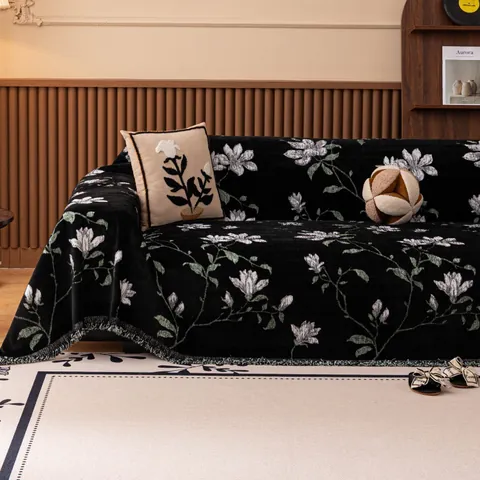 French Vintage Faux Mink Velvet Sofa Cover Magnolia Floral Printed Sofa Towel Tassels Anti-Cat Scratch Non-Slip Protector