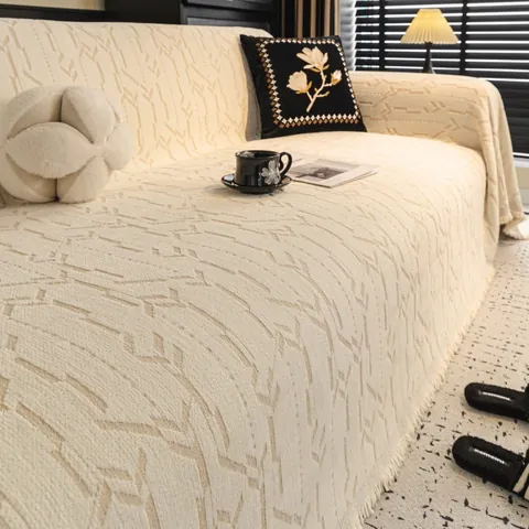 French Style Faux Mink Fur Sofa Cover Towel With Tassels Geometric Jacquard Anti-Scratch Protective Furniture Slipcover