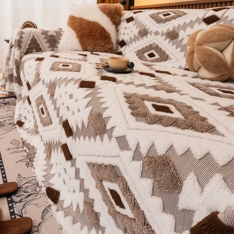Bohemian Geometric Shu Cotton Velvet Sofa Cover Thickened Plush Throw Blanket For Living Room Decorative Slipcover