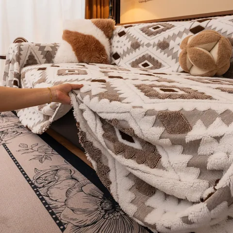 Bohemian Geometric Shu Cotton Velvet Sofa Cover Thickened Plush Throw Blanket For Living Room Decorative Slipcover