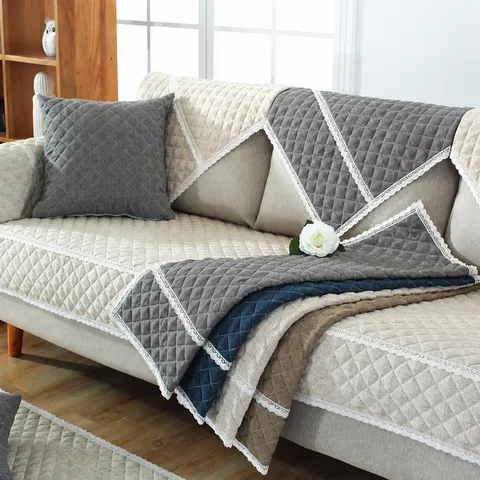Minimalist Faux Linen Quilted Sofa Cushion Non-slip Sofa Cover With Lace Border Decorative Living Room Home Furniture Protector