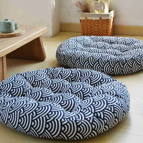 Thick Cotton Linen Floor Cushion Japanese Seigaiha Bohemian Mandala Pattern Tufted Meditation Seat Pillow For Living Room Home Decor