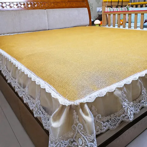 European Summer Cooling Mat Lace Bed Skirt Ruffle Faux Rattan Mattress Pad Breathable Mat And Two Pillowcases Bedding