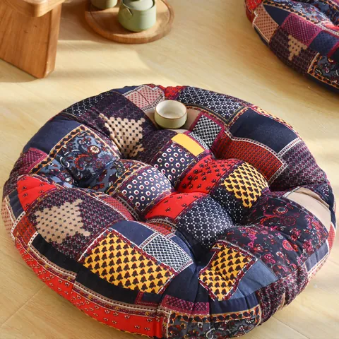 Thick Cotton Linen Floor Cushion Japanese Seigaiha Bohemian Mandala Pattern Tufted Meditation Seat Pillow For Living Room Home Decor