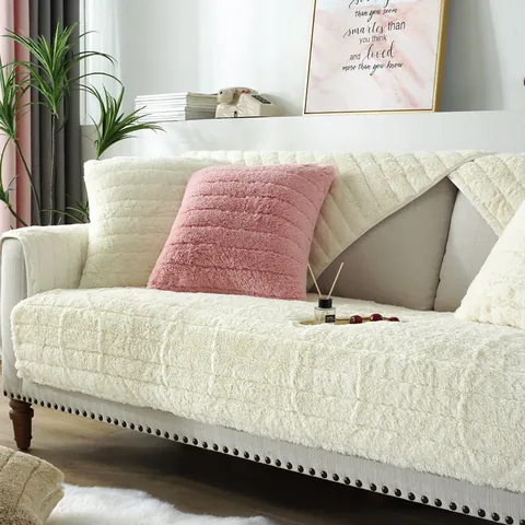 Modern Thick Plush Sofa Cover Non-slip Warm Settee Cushion Universal Solid Color Striped Furniture Protector For Living Room Home Decor
