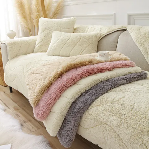 Cuscino per Divano in Peluche Lungo Nordico Ispessito Antiscivolo Caldo Set Copridivano Trapuntato a Onde per Soggiorno Casa