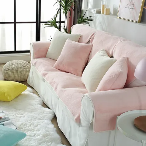 Thickened Faux Rabbit Fur Sofa Cushion Anti Slip Plush Sofa Cover Warm Solid Color Sectional Couch Slipcover For Winter