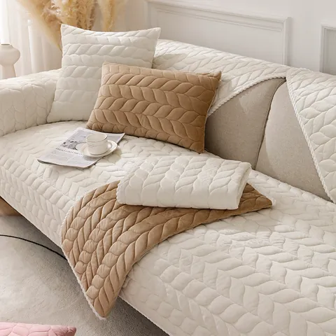 Quilted Crystal Velvet Sofa Cover Non-slip Thickened Warm Sofa Cushion With Leaf Pattern For Combination Sofa Living Room