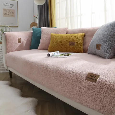 Non-Slip Lamb Wool Sofa Cover Thickened Plush Cushion Nordic Simple Winter Warm Sofa Mat Solid Color Home Decor Cushion