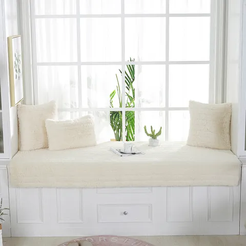 Modern Ins Style Long Plush Bay Window Cushion Striped Quilted Non-Slip Balcony Mat Soft Faux Fur Decorative Bench Pad For Bedroom Home Decor
