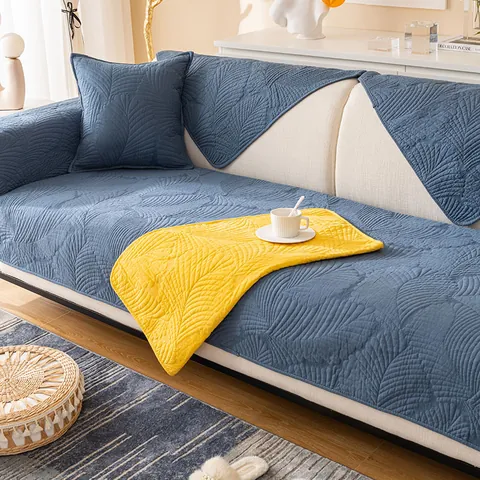 Nordic Washed Cotton Quilted Sofa Cover Banana Leaf Pattern Thick Non-slip Furniture Protector For Living Room Modern Decor