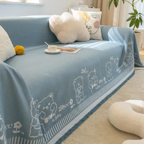 Cartoon Bear Pattern Sofa Towel With Tassels Jacquard Polyester Sofa Cover Furniture Protector Decorative Throw Blanket