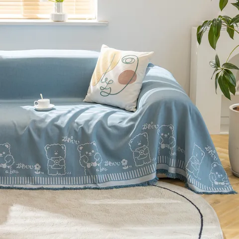 Cartoon Bear Pattern Sofa Towel With Tassels Jacquard Polyester Sofa Cover Furniture Protector Decorative Throw Blanket