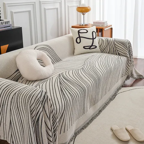 Modern Abstract Chenille Sofa Cover With Tassels Dustproof Anti-Scratch Furniture Protector Blanket For Living Room