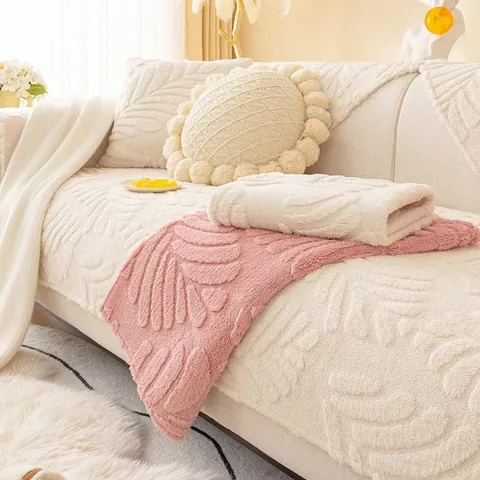 Copridivano in Pile Sherpa Motivo Foglia di Piuma 3D Rilievo Antiscivolo Morbido Peluche Protezione Mobili per Soggiorno Moderno