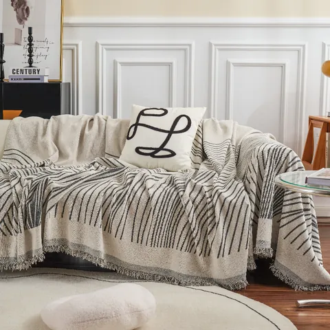 Modern Abstract Chenille Sofa Cover With Tassels Dustproof Anti-Scratch Furniture Protector Blanket For Living Room