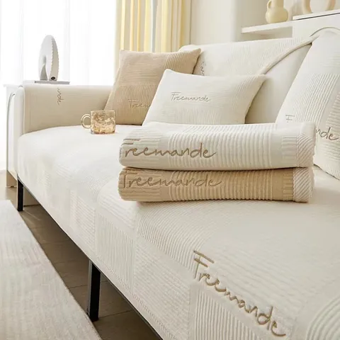 Dik Bankkussen Melkfluweel Antislip Pluche Bankhoes Modern Streep Raster Textuur Bankhanddoek Mat Voor Woonkamer Huis