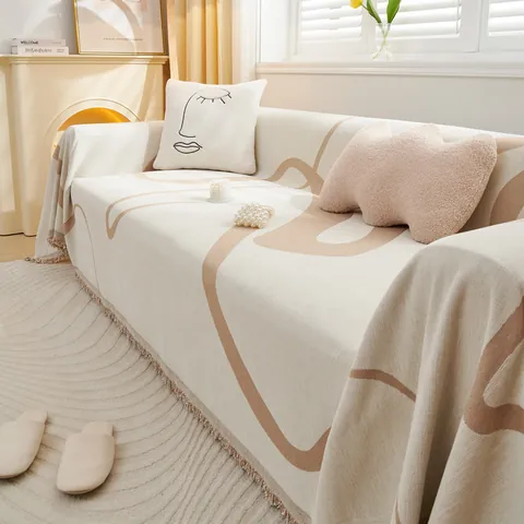 Nordic Minimalist Chenille Sofa Cover With Tassels Abstract Lines Decorative Sofa Towel Anti Cat Scratch Furniture Protector Four Seasons Blanket