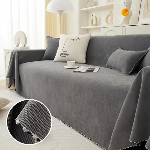 Chenille Sofa Cover Solid Color Grain Texture Reversible Anti-Scratch Furniture Protector Washable Sofa Towel Throw For Living Room