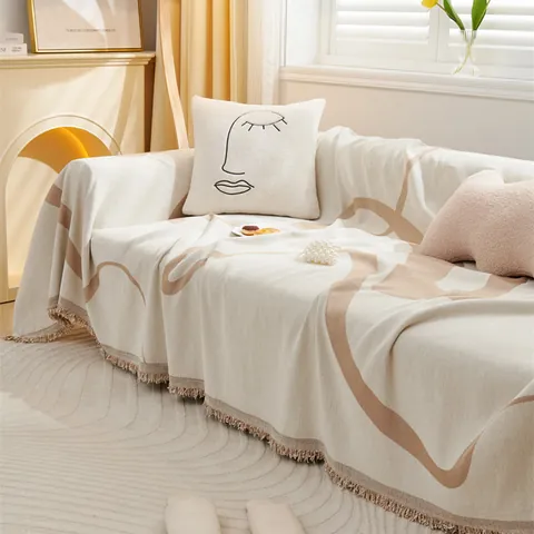 Nordic Minimalist Chenille Sofa Cover With Tassels Abstract Lines Decorative Sofa Towel Anti Cat Scratch Furniture Protector Four Seasons Blanket