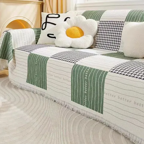 Nordic Style Anti-Cat Scratch Sofa Cover Blanket Waffle Texture Houndstooth Tassel Decorative Four Seasons Sofa Protector