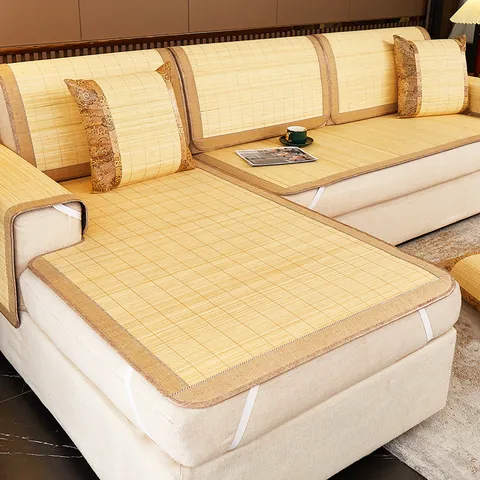 Cojín de Sofá de Fibra de Bambú Verano Refrescante Antideslizante Rayado Floral Transpirable Funda de Asiento para Salón Hogar
