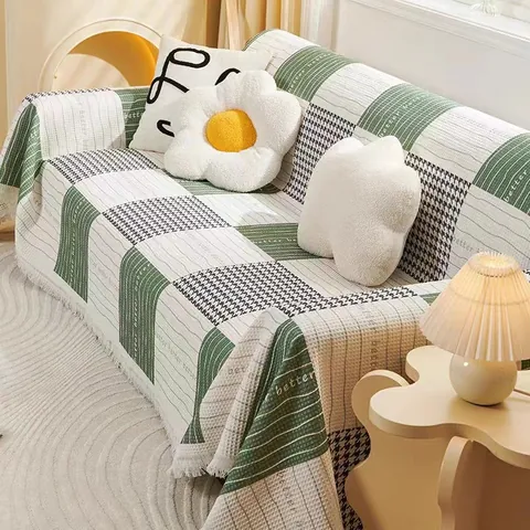Nordic Style Anti-Cat Scratch Sofa Cover Blanket Waffle Texture Houndstooth Tassel Decorative Four Seasons Sofa Protector