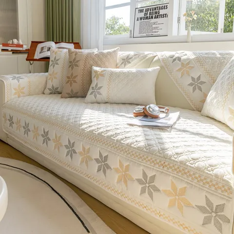 Nordic Quilted Polyester Sofa Cushion Cover With Star Embroidery Anti-Slip Home Living Room Protector Mat Decor